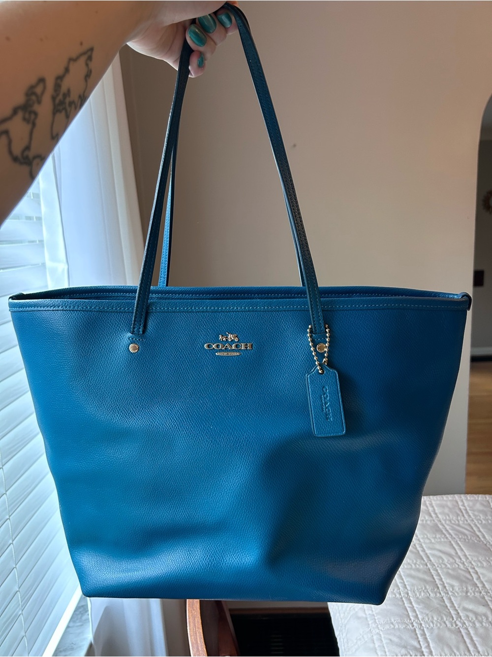 Coach Teal Blue Pebbled Leather Tote with Gold Logo - VTG